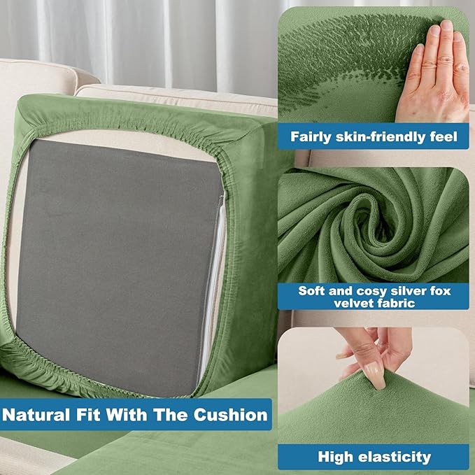 Couch Cover 3-Piece Elastic Velvet Couch Cushion Covers & Chaise Slipcovers for L-Shaped Sofas, Sofa Seat Covers Washable, Soft Cover for Couches (2 Seater + Chaise, Avocado Green)