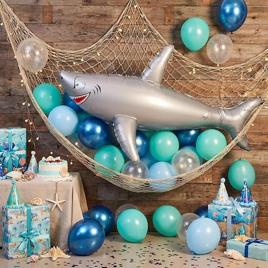 Shark Party Decorations Set Fish Net 39 Inches Inflatable Shark blue Balloons Decorative for Under the Sea Ocean Nautical Themed Birthday Party Decor Favors Supplies