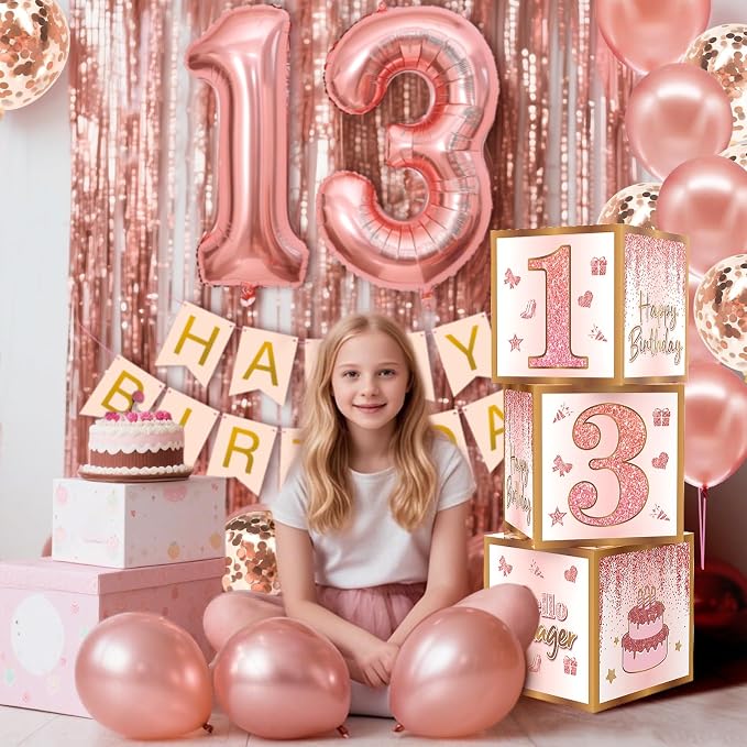 13th Birthday Decorations for Girls,13 Year Old Boxes Decor for Girls Women Happy official 13th teenager Birthday Kits Pink Rose Gold Number 13 Foil Balloons Party Supplies Rose Gold Tassel Curtain