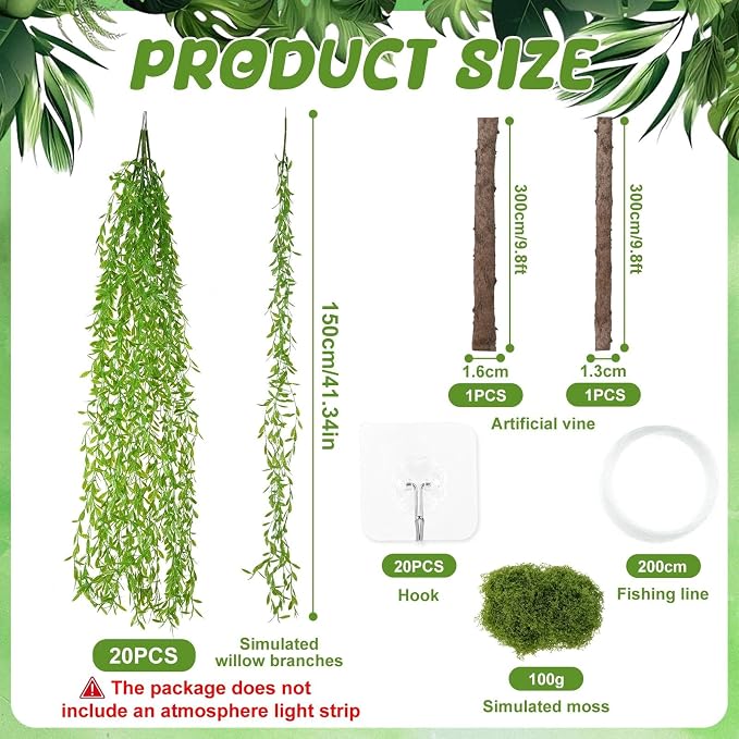Jungle Theme Party Decorations, 20 PCS Tropical Rainforest Hanging Willow Vines Greenery 2 PCS Bendable Artificial Tree Branches for Garden Landscape and Hawaiian Rainforest Supply