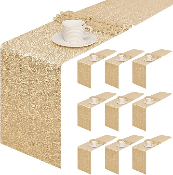 Sugargirl 10 Packs 12 x 72 inches Sequin Table Runner, Glitter Champagne Table Runner for Birthday Party Supplies Wedding Holiday Celebration Event Decorations