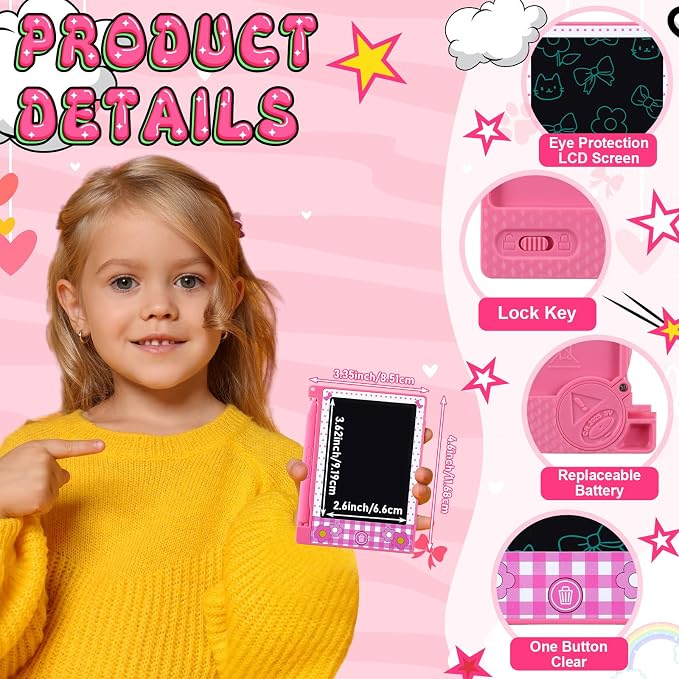 Nezyo 12 Pack Pink Bow LCD Writing Tablet for Kids Bulk 4.4 Inch Mini Doodle Board Drawing Tablet Colorful Erasable Electronic Drawing Pad Reusable Educational Learning Toys Birthday