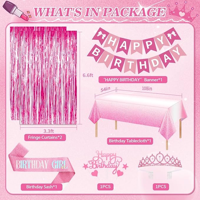 Hot Pink Birthday Decorations, Pink Party Decorations with Balloons Happy Birthday Banner Bday Sash Crown Tablecloth Fringe Curtain Hanging Swirl Heart Star Foil Balloons for Women Girls Bday Decor