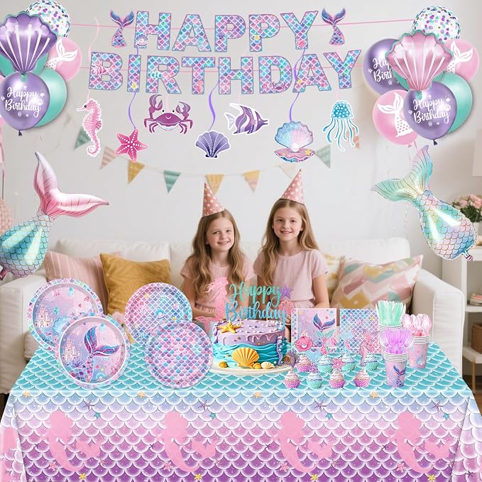 Mermaid Birthday Decorations Include Plates, Napkins, Cups, Cutlery, Hanging Swirls, Banner, Cake & Cupcake Toppers, Balloons, Tablecloth for Mermaid Party Decorations, Serve 20