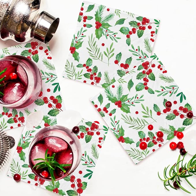 Christmas Party Supplies, Serve 50, Christmas Seasonal Holly Tableware Includes: Paper Dinner Plates, Dessert Plates, Luncheon Napkins and Beverage napkins, Great for Party Decorations (Pack of 2)