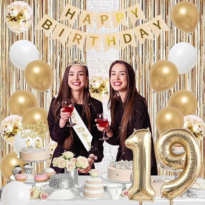 Trgowaul Happy 19th Birthday Decorations for Girls, Banner, Sash and Crown, Cake Topper, 19 Number Balloon, Fringe Curtains, Champagne Gold 19th Birthday Party Supplies