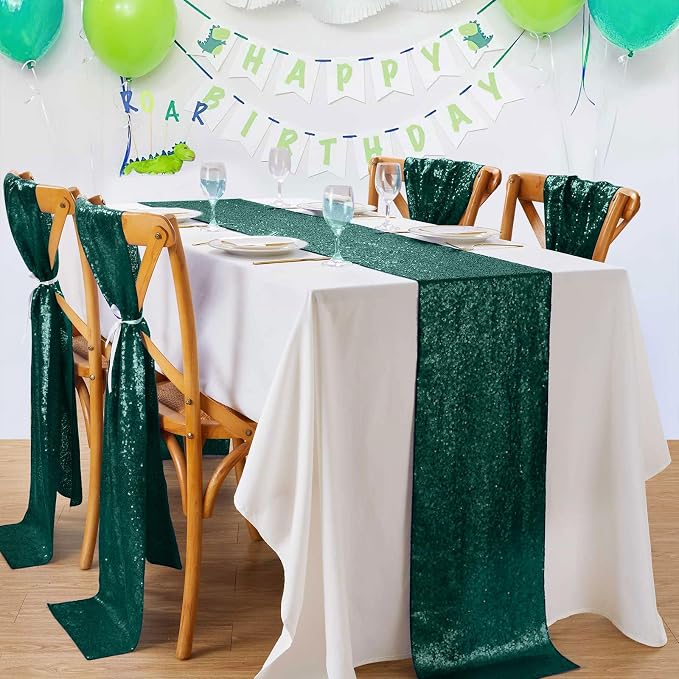 Sequin Table Runners 10 Pieces Emerald Green Table Runners 12x108 Inch Glitter Dining Table Cover for Party Wedding Birthday Reception Banquet Decoration Spring Party Chair Sashes