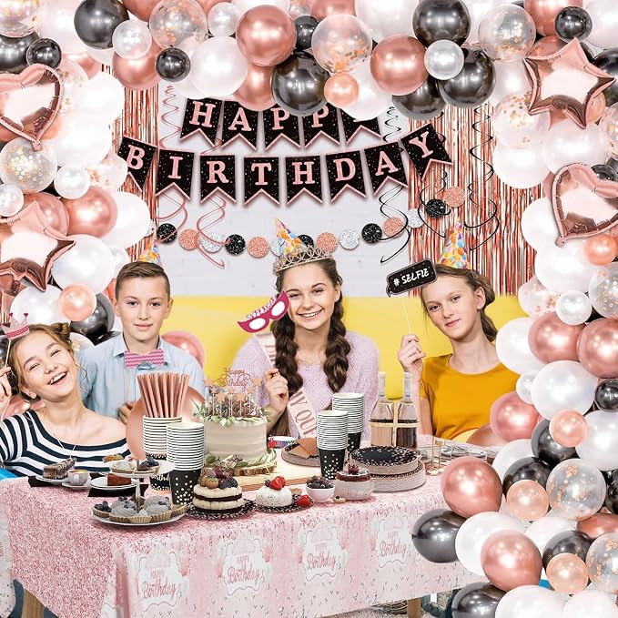 291 Pcs Rose Gold and Black Birthday Decorations, Happy Birthday Decorations for Women Supplies - Banner, Balloon, Tiara, Sash, Photo Props, Tableware with Rose Gold for 50 Guests