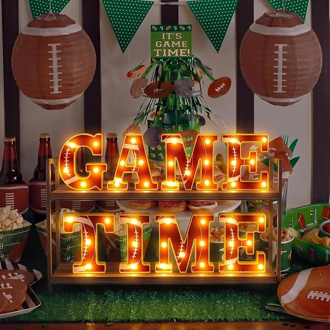 Honoson 8 Pcs Football Party Decorations Game Time LED Lights Sign Football Birthday Decorations Sports Theme Game Time Table Decor for Gameday Tailgate Fans Match Point Party Supplies