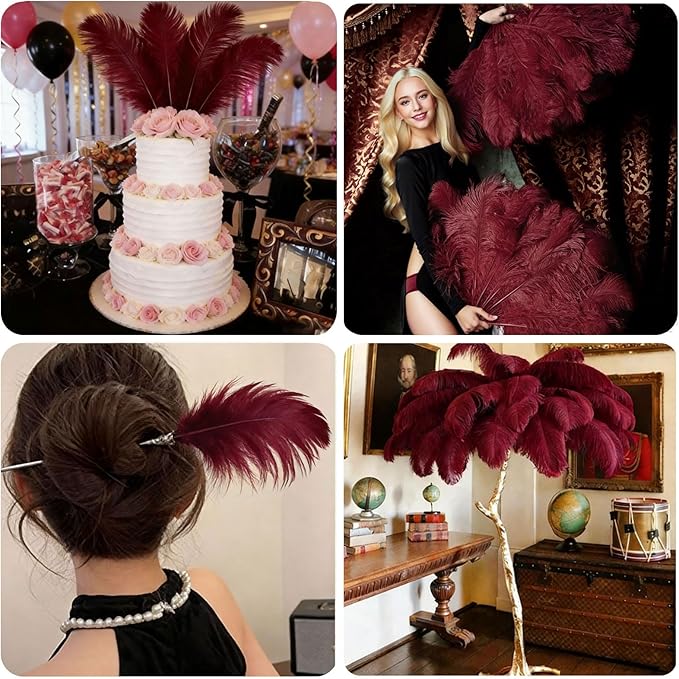 10pcs Natural Ostrich Feather Craft 16-18inch(40-45cm) Plume for Wedding Centerpieces Home Decoration DIY（WineRed, 10Pcs 16-18inch)