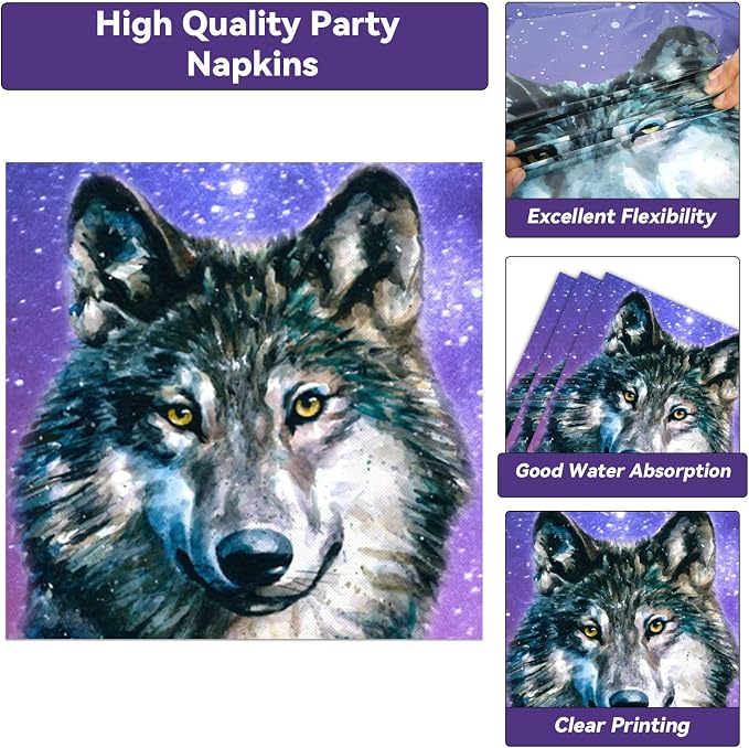 50 Guests Wolf Plates and Napkins Party Supplies Wolf Birthday Party Decorations Disposable Tableware Set Galaxy Animal Themed Dinnerware Favor for Kids Baby Shower Decorations, 200PCS