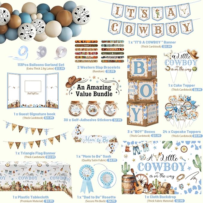 Cowboy Baby Shower Decorations for Boy, A Little Cowboy is on the Way Party Supplies, Western Rodeo Baby Shower Decor, It's a Boy Gender Reveal, Balloon Box Banner Backdrop Stickers Sash Cake Topper