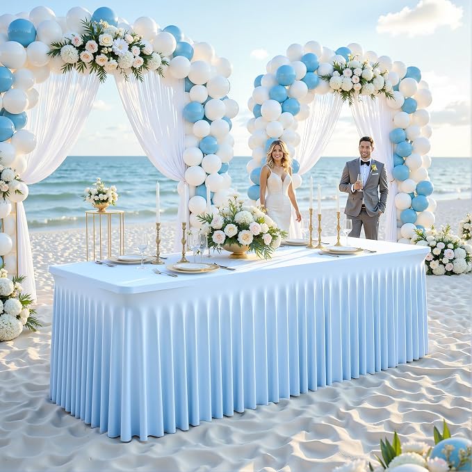 6 Pack Baby Blue Table Cloth for 8 Foot Rectangle Tables Spandex Fitted Tablecloth 8ft Stretch Table Covers Skirt Baby Blue Banquet Tablecloths Wrinkle Free Tablecloth for Party Wedding Birthday Event