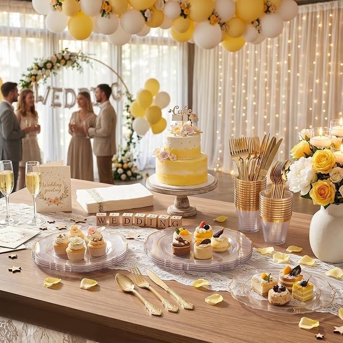 KIRE 210Pcs Clear and Gold Plastic Plates - Heavy Duty Clear Plates with Gold Rim - Disposable Dinnerware Sets of 60 Plastic Plate 90 Silverware 30 Cups 30 Napkins for Wedding/Party