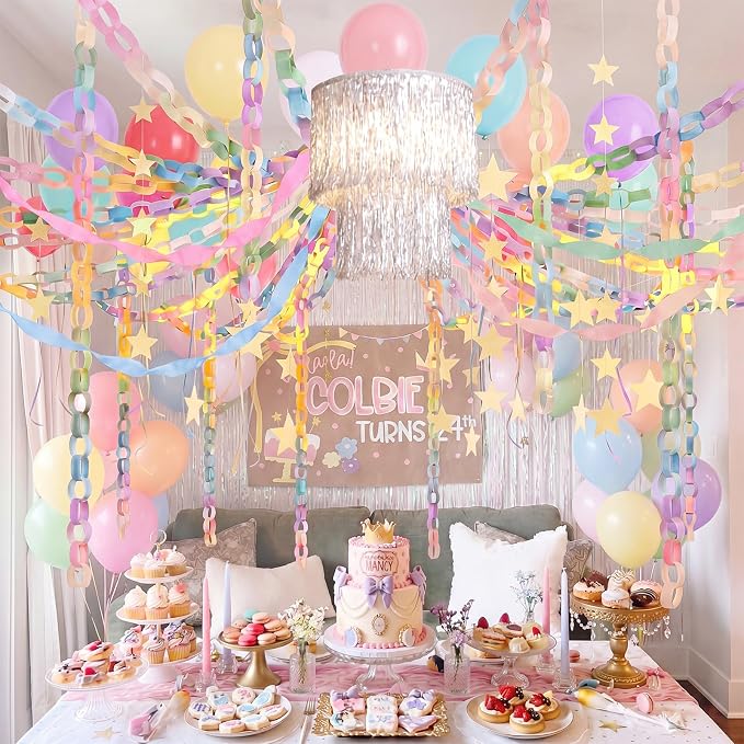 Blueweenly Fancy Princess Birthday Party Decorations Paper Chain Garland Strip Ceiling Party Classroom Decor Crepe Streamer Glitter Star Chandelier Balloons for Wedding Birthday(Macaron,Small,8 Pcs)