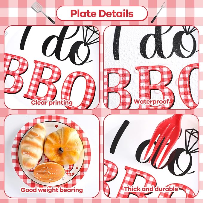 96Pcs BBQ Bachelorette Party Supplies Red and White Plaid Checkered Paper Plates and Napkins I DO BBQ Tableware Disposable Dessert Dinnerware for Barbecue Wedding Bridal Shower Picnic for 24 Guests