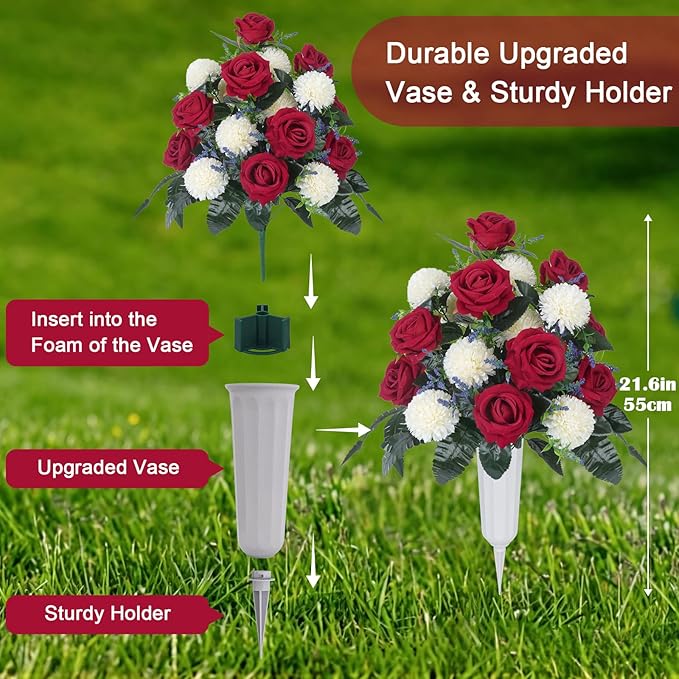 Artificial Cemetery Flower Headstone Flower Saddle 2 Chrysanthemum Rose Bouquets with Vase Memorial Flowers Grave Saddles for Headstone Outdoor Grave Tombstone Decor (Red White)