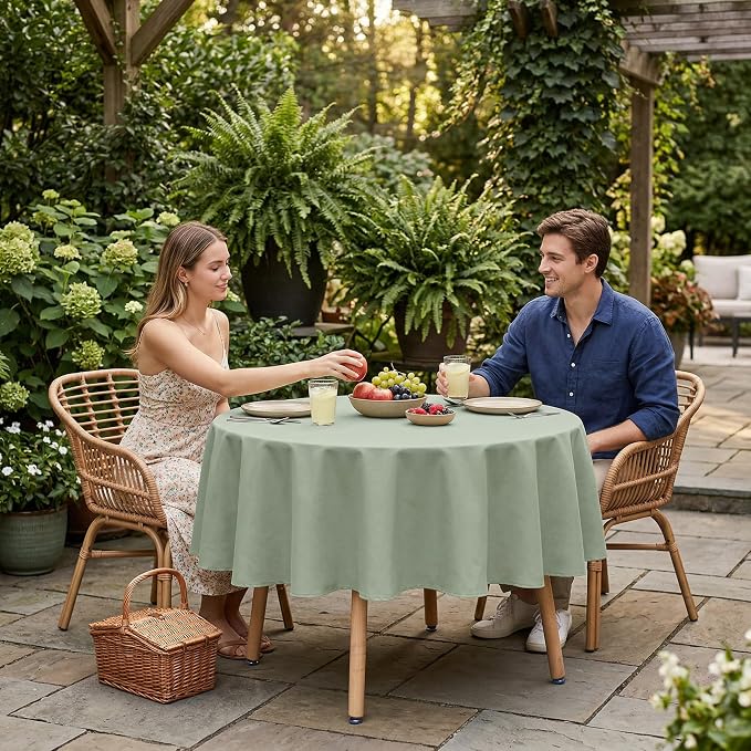 sancua Round Tablecloth - 60 Inch - Water Resistant Spill Proof Washable Polyester Table Cloth Decorative Fabric Table Cover for Dining Tables, Buffet Parties and Camping, Sage Green