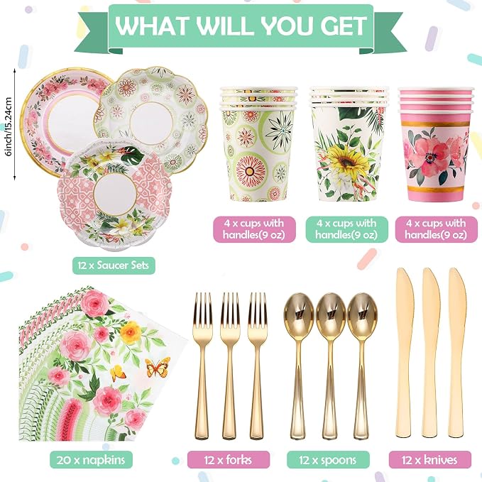 121 Pcs Floral Tea Party Dinnerware Set Include 9 oz Paper Cups and Saucers, Napkins, 3 Tier Cake Stand, Serving Platter, Butterfly Decorations, Flower Banner Tableware for Birthday Wedding