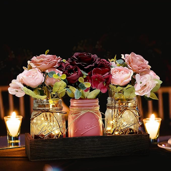 Mason Jar Centerpiece for Table Kitchen Dining Room Decor with Light | 3 Piece Farmhouse Coffee Table Decor with Fake Flowers Wood Tray for Living Dining Room Bathroom Wedding Outdoor Decoration