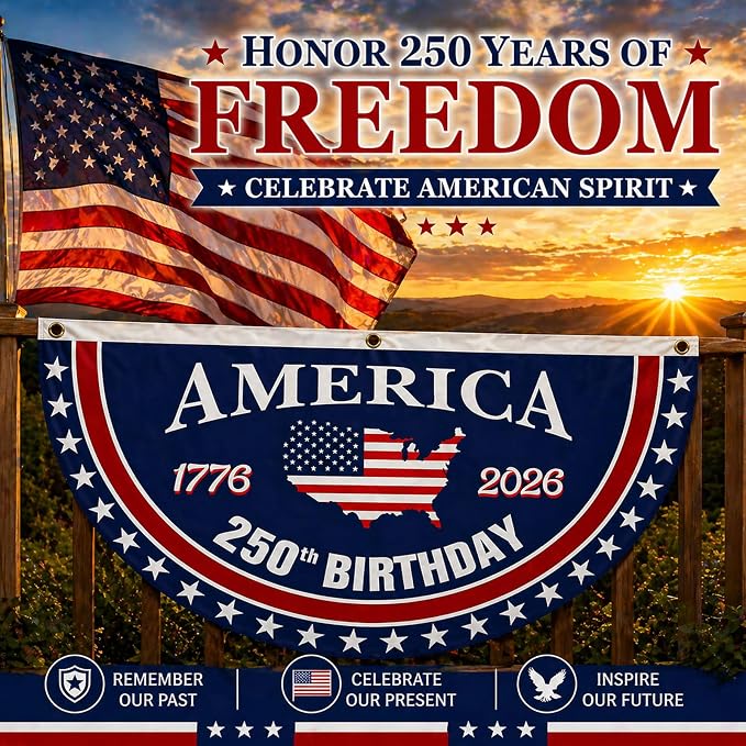 250 Year Anniversary Patriotic Fan Bunting Banner 1776–2026, USA Map Flag Design with Stars, 3x6 FT Large Outdoor Decoration, Brass Grommets, 2 Pack