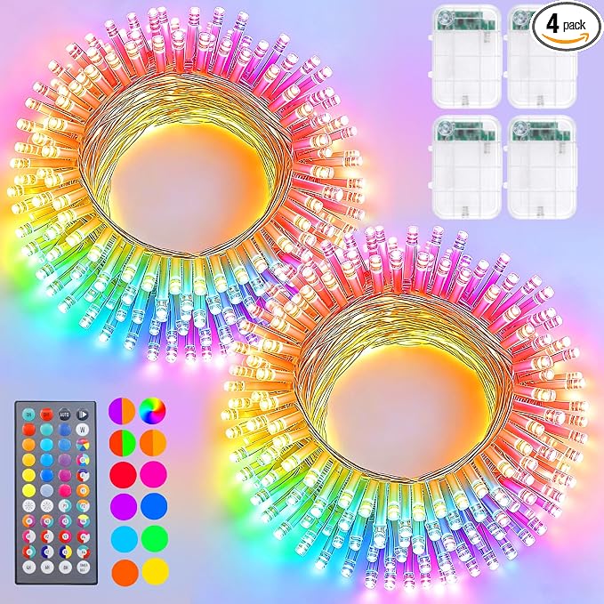 Pooqla 4 Pack Color Changing String Lights Battery Operated, Total 66.6ft 200 LED 34 Colors Battery Christmas Lights with Remote Indoor Outdoor Decorations Bedroom Classroom Porch Party Yard Decor