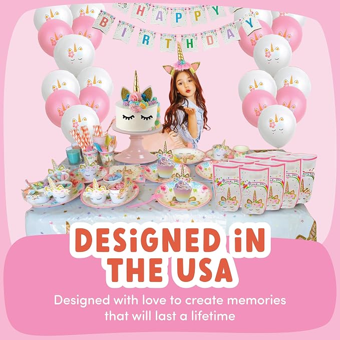ecoZen Pink Unicorn Birthday Party Decorations - Magical Horse Themed Supplies for 16 Guests, Includes Plates, Cups, Napkins, Banner, Cutlery, Balloons, Tablecloth, Straws, Toppers