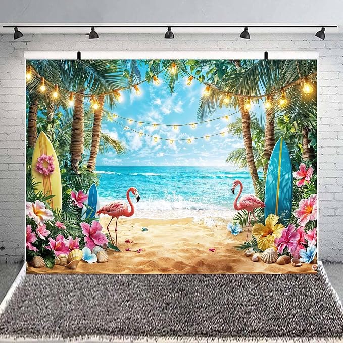 10x6.5ft Summer Hawaiian Beach Photography Backdrop Flamingo Tropical Flower Palm Leaves Background for Luau Aloha Party Decoration Banner Photo Booths