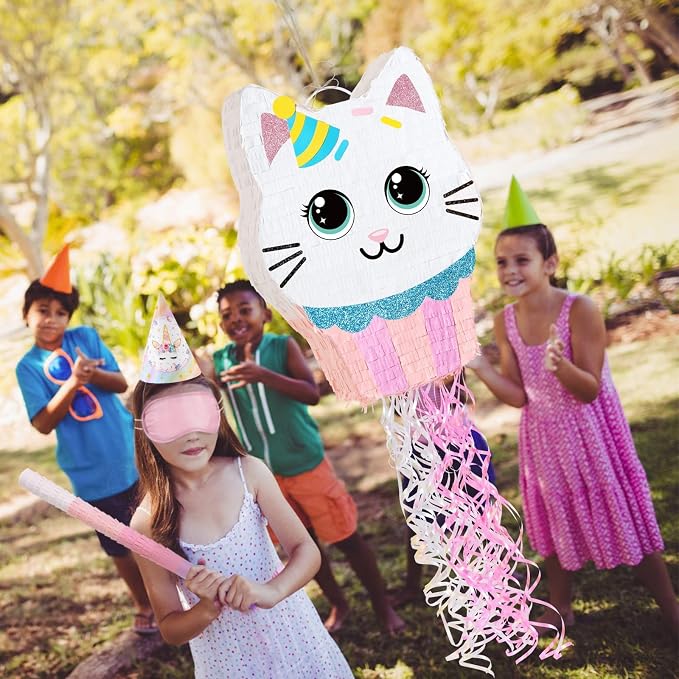 WERNNSAI Cupcake Piñata - Cat Party Decorations Cupcake Cat piñata with Blindfold and Stick for Kids Sweet Birthday Decorations Candy Land Party Baby Shower Celebration Carnival Supplies