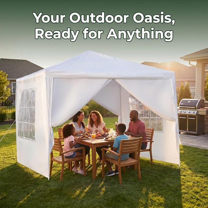 10x10 Canopy Tent, Heavy Duty Portable Outdoor Tent with 4 Removable Sidewalls, Waterproof Party, Wedding, Camping & Backyard Shelter, White