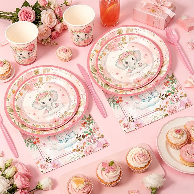 Ziliny 350 Pcs Elephant Themed Baby Shower Party Supplies Rainbow Paper Plates Napkins Cups and Plastic Cutlery Party Tableware Set for Baby Shower Birthday Decorations, Serves 50