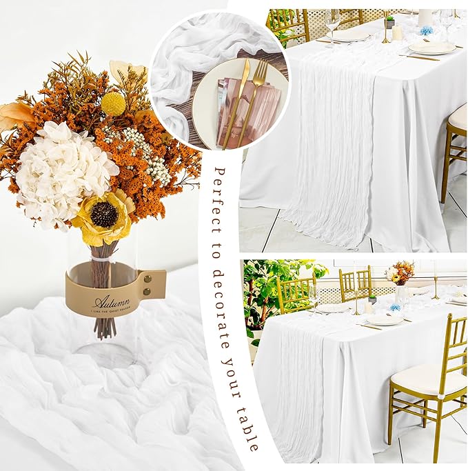 24 Pack White Cheesecloth Table Runner,10FT Gauze Boho Long Cheesecloth Table Runners 20x120inch Rustic Cheese Cloth Table Runner for Wedding Party Bridal Shower,Table Decorations