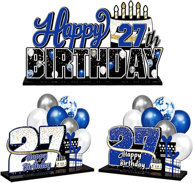 LINGTEER Happy 27th Birthday Blue Acrylic Table Topper Centerpieces Set - Cheers to 27 Years Old Birthday 27th Bday Party Gift Decorations.