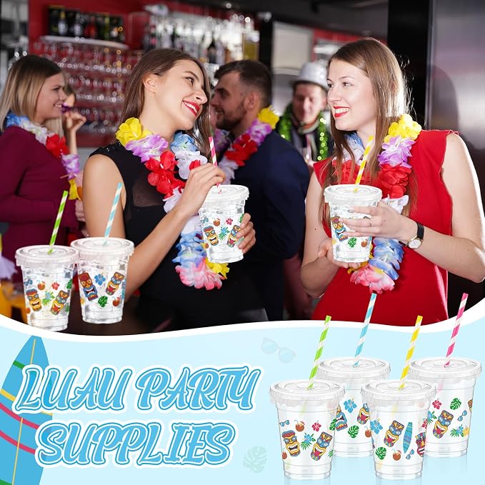 FoldTier Hawaiian Party Decorations Cups 12 oz Luau Party Decorations Plastic Cold Drinks Tiki Cups Clear Disposable with Lids Straws for Summer Holiday Tropical Supplies