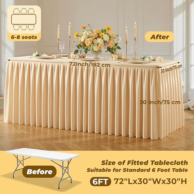 Dark Champagne Polyester Table Cloths for Rectangle 6 Foot Tables, 2 Pack Wrinkle Free Tablecloths Stretchy Banquet Ruffle Fitted Table Cover Desk Skirt for Parties Wedding Birthday Baby Shower