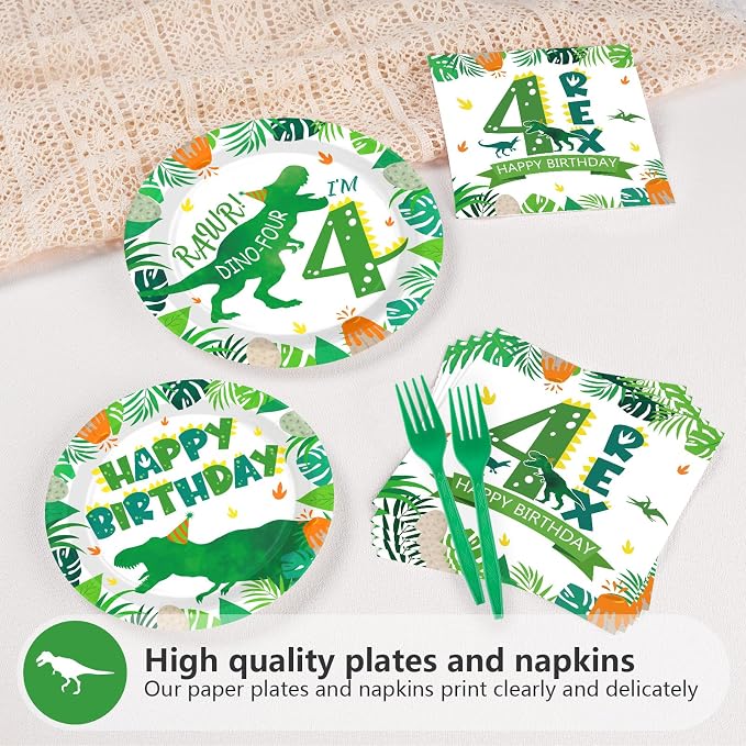 Grencian 96Pcs Dinosaur 4th Birthday Decorations Dinosaur 4th Birthday Plates Roar Im Four Paper Tableware Set for Boys Dino Four Year Old Birth-day Party Decorations, Serves 24