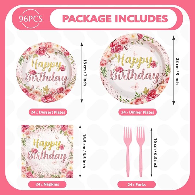 96Pcs Rose Floral Birthday Party Supplies Rose Gold Pink Floral Plates and Napkins Tableware Sets for Womens Girls Lady Happy Birthday Flowers Party Decorations Serves 24