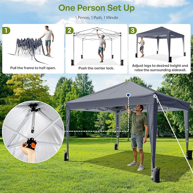 Driftalia 10x10 Pop Up Canopy with Sidewalls, Outdoor Instant Canopy Tent with Carry Bag for Commercial Events, Camping, Backyard Parties - Dark Grey
