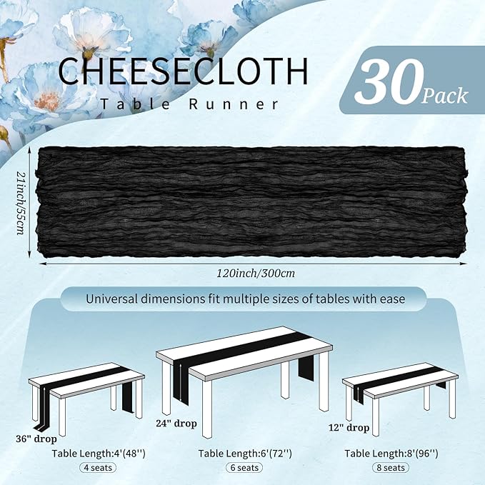 30 Pack Cheesecloth Table Runner 10FT Black Table Runner Boho Gauze Cheese Cloth Table Runners Long Rustic Sheer Table Decorations for Wedding Party Baby Bridal Shower Birthday Holiday Home