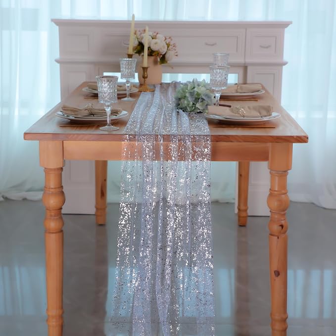 Snowkingdom Light Blue Silver Gauze Table Runner 10ft 120 inch Glitter Sheer Cheesecloth Tulle Home Dining Table Decoration for Bridal Baby Shower Summer Wedding Birthday Holidays Party