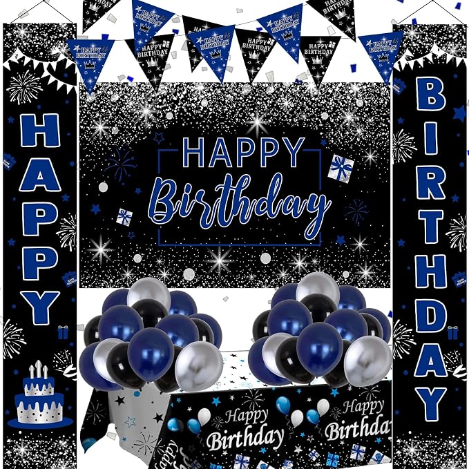 Black and Blue Birthday Party Decorations for Boys Men Women Girls | Balloon Supplies with Happy Birthday Backdrop Banner Tablecloth Confetti Balloons Arch