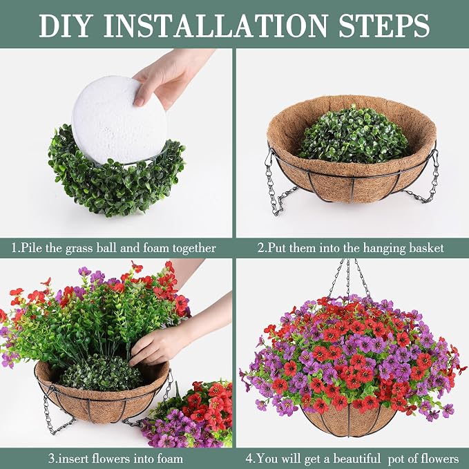 AGIRL Artificial Hanging Flowers with Baskets for Outdoors,UV Resistant Fake Hanging Plants for Outdoor Porch Patio Garden, Realistic Silk Flowers for Spring Summer Home Decor(Red Purple)