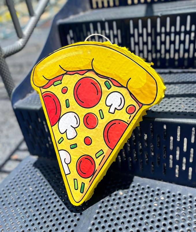 Jergrim Pizza Piñata 4 Piece Set With Stick And Blindfold For Birthday Party Favors Ninja Theme Birthday, School Pizza Party, Small Funny Piñata For Games & Decorations