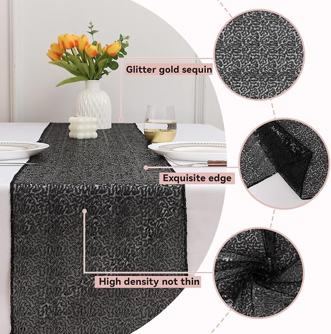 Sugargirl 10 Packs 12 x 72 inches Sequin Table Runner, Glitter Black Table Runner for Birthday Party Supplies Wedding Holiday Celebration Event Decorations