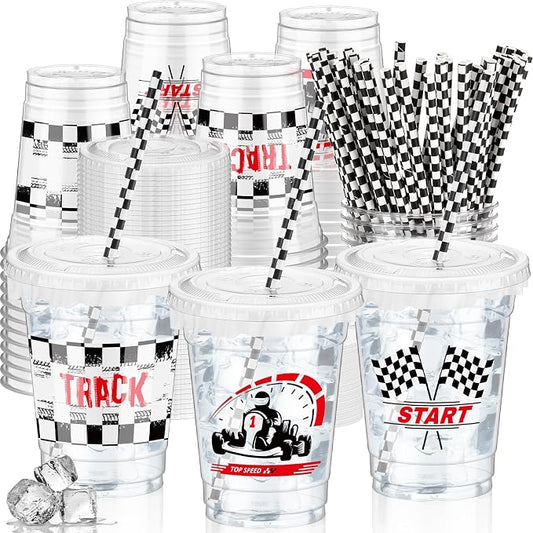 FoldTier 50 Pcs Checkered Racing Party Plastic Cup 12 oz Checkered Flag Thick Transparent Cup Black and White Cups Race Car Birthday Party Supplies for Racecar Sports Themed