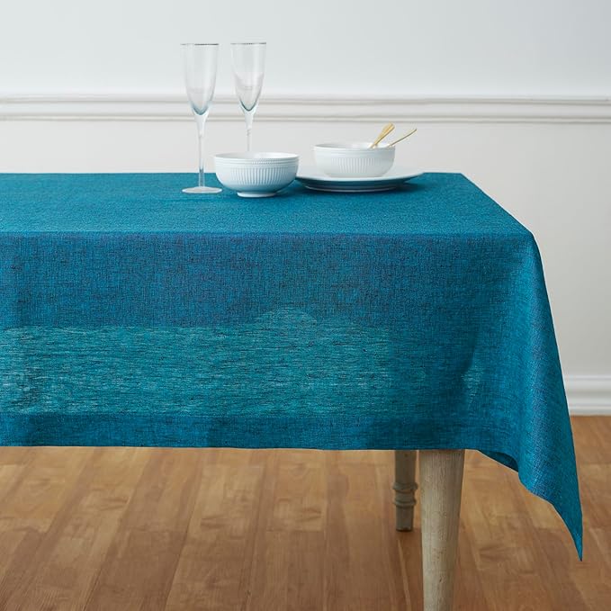 Solino Home Linen Tablecloth 60 x 108 Inch - 100% Pure Linen Chambray Teal Table Cloth for Rectangle Tables - Athena, Machine Washable Tablecloth for Summer
