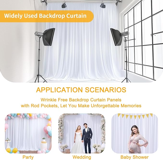 Gallety White Backdrop Curtain for Wedding, Photo Backdrop Curtains for Bridal Shower Decorations - 10FT x 10FT White Curtain with Rod Pockets for Celebration,Birthday Parites,Graduations Decor