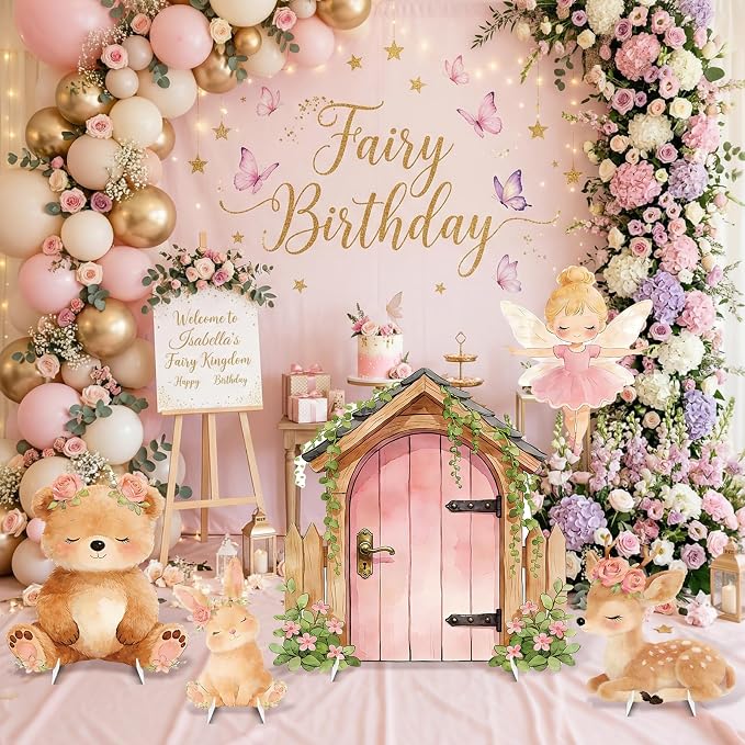 5Pcs Pink Fairy First Birthday Decorations, Large Bunny Bear Deer Fairy House Cardboard Cutout, Woodland Fairy Baby Shower Photo Booth Prop Princess Birthday Party Outdoor Indoor Decor