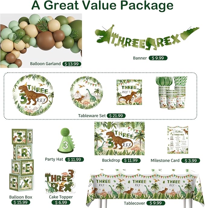 cocomigo 267pcs Three Rex Birthday Decorations Boy Complete Party Set, 3 Rex Birthday Decorations Boys, Serves 25 Guests, for Dinosaur Theme 3rd Party Supplies