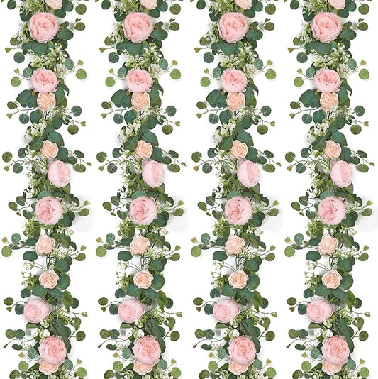SOMYTING Artificial Flower Garlands Eucalyptus Garlands with Flowers Rose Peony Flower Vine Faux Floral Garland for Wedding Party Arch Table Wall Backdrop Decoration (Light Pink, 4PCS)